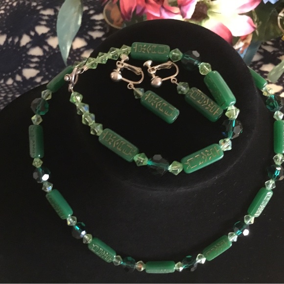 HP-HANDMADE THREE PIECE SETCRYSTAL&GLASS NECKLACE, BRACELET&CLIP DANGLE EARRINGS - Picture 1 of 8